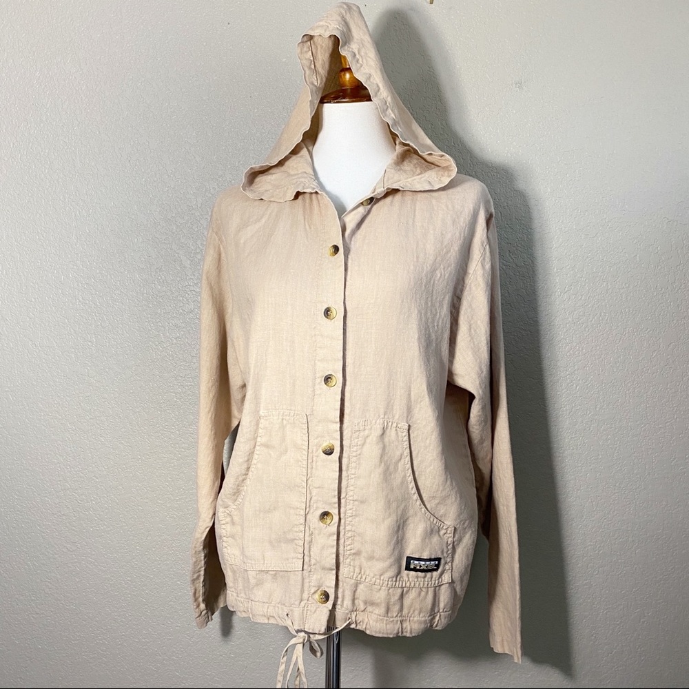 Vintage Lagenlook Beige Hoodie Button Front Lightweight Shacket Lg